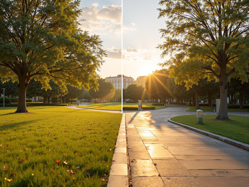某村庄环境整治后的对比照片，显示道路整洁，绿化优美，房屋美观，展现农村人居环境整治后的美好景象